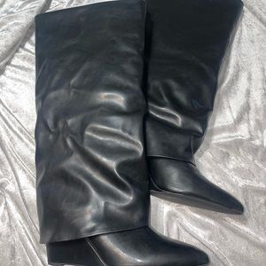 Madden Girl Wide-Calf Fold-Over Cuffed Knee High Wedge  Boots